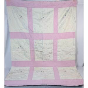 VTG Child Baby Crib Quilt Handmade Angel Pink Girl Sleep My Child Cottage Cherub